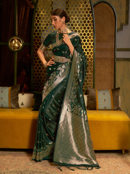 Rajwada Green And Gold Woven Design Silk Blend Saree With Unstitched Blouse For Women