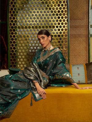 Rajwada Green And Gold Woven Design Silk Blend Saree With Unstitched Blouse For Women