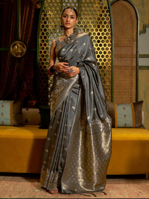 Rajwada Grey And Gold Woven Design Silk Blend Saree With Unstitched Blouse For Women