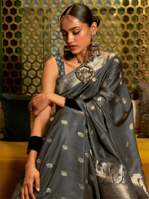 Rajwada Grey And Gold Woven Design Silk Blend Saree With Unstitched Blouse For Women