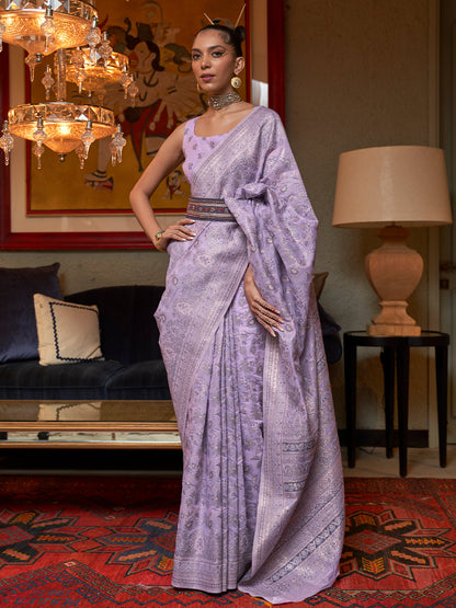 Rajwada Women Festive Purple Silk Blend Woven Saree With Unstitched Blouse