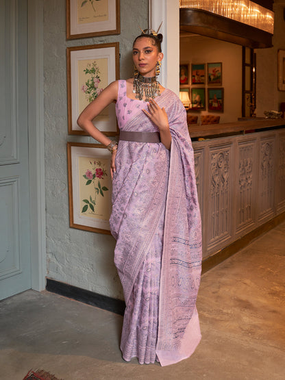 Rajwada Women Festive Purple Silk Blend Woven Saree With Unstitched Blouse