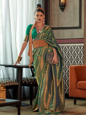 Rajwada Women Festive Green Silk Blend Woven Saree With Unstitched Blouse