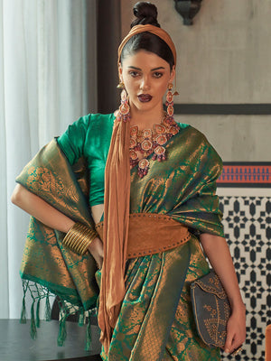 Rajwada Women Festive Green Silk Blend Woven Saree With Unstitched Blouse