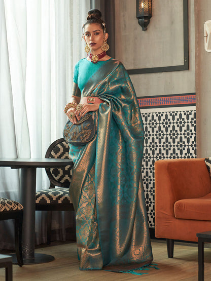 Rajwada Women Festive Blue Silk Blend Woven Saree With Unstitched Blouse