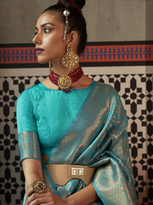 Rajwada Women Festive Blue Silk Blend Woven Saree With Unstitched Blouse
