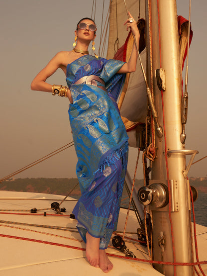 Rajwada Women Blue Silk Blend Woven Saree With Unstitched Blouse