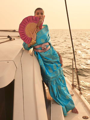 Rajwada Women Blue Silk Blend Woven Saree With Unstitched Blouse