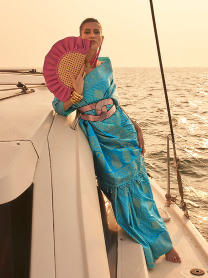 Rajwada Women Blue Silk Blend Woven Saree With Unstitched Blouse