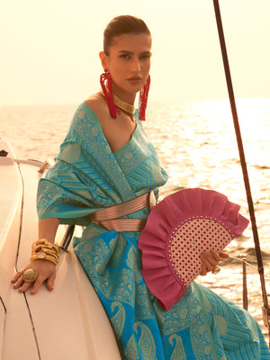 Rajwada Women Blue Silk Blend Woven Saree With Unstitched Blouse