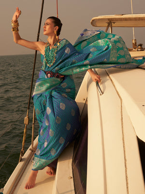 Rajwada Women Blue Silk Blend Woven Saree With Unstitched Blouse