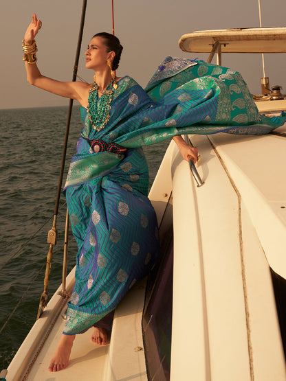 Rajwada Women Blue Silk Blend Woven Saree With Unstitched Blouse