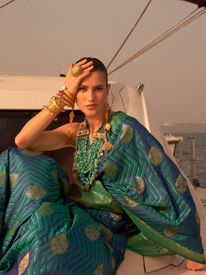 Rajwada Women Blue Silk Blend Woven Saree With Unstitched Blouse