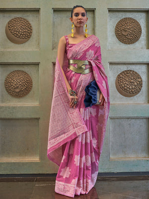Rajwada Women Festive Pink Silk Blend Woven Saree With Unstitched Blouse