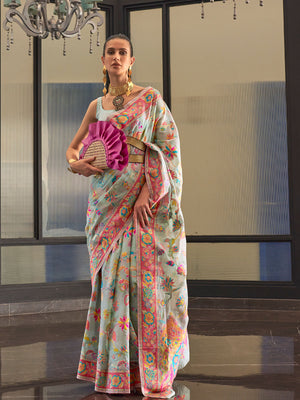 Rajwada Women Festive Light Blue Silk Blend Woven Saree With Unstitched Blouse
