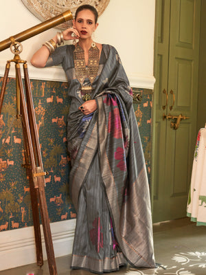 Rajwada Women Grey Silk Blend Woven Saree With Unstitched Blouse