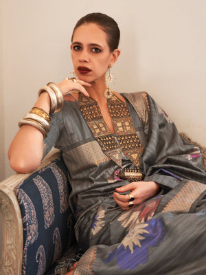 Rajwada Women Grey Silk Blend Woven Saree With Unstitched Blouse