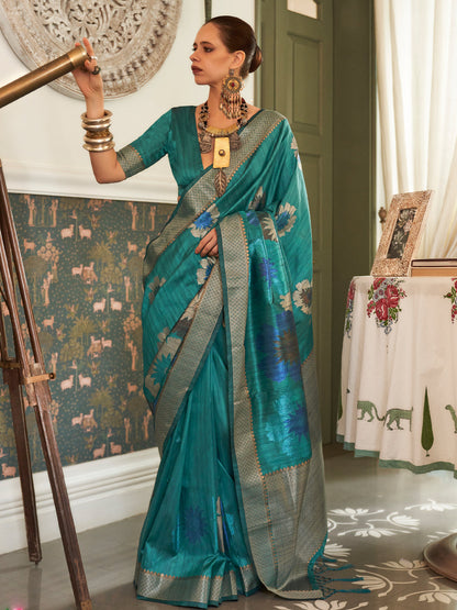 Rajwada Women Teal Silk Blend Woven Saree With Unstitched Blouse