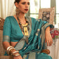 Rajwada Women Teal Silk Blend Woven Saree With Unstitched Blouse