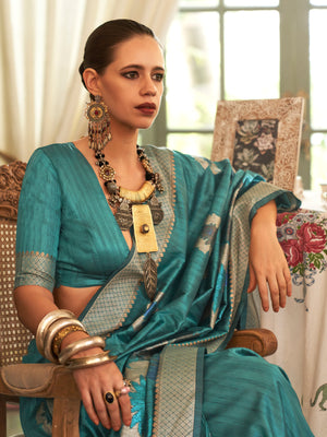 Rajwada Women Teal Silk Blend Woven Saree With Unstitched Blouse