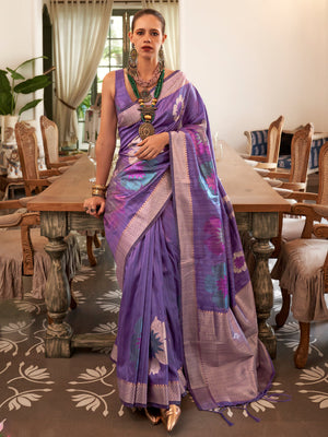 Rajwada Women Purple Silk Blend Woven Saree With Unstitched Blouse