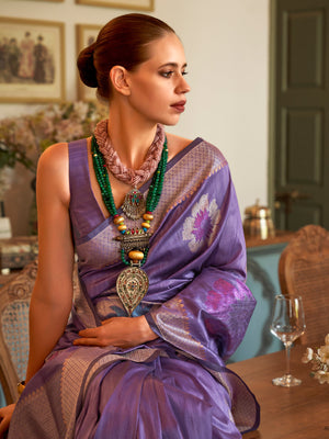 Rajwada Women Purple Silk Blend Woven Saree With Unstitched Blouse