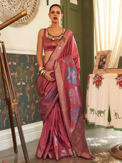 Rajwada Women Maroon Silk Blend Woven Saree With Unstitched Blouse
