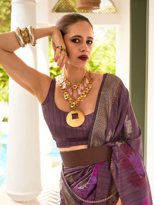 Rajwada Women Violet Silk Blend Woven Saree With Unstitched Blouse
