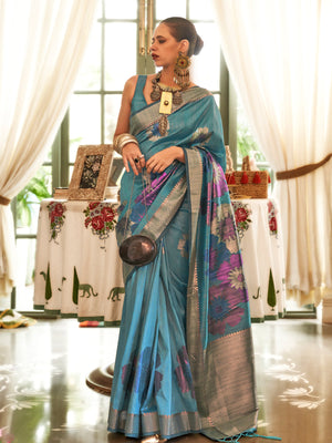 Rajwada Women Blue Silk Blend Woven Saree With Unstitched Blouse