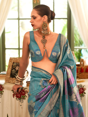Rajwada Women Blue Silk Blend Woven Saree With Unstitched Blouse