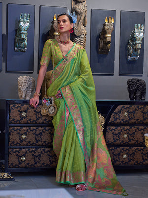 Rajwada Women Green Organza Woven Saree With Unstitched Blouse