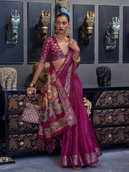Rajwada Women Violet Organza Woven Saree With Unstitched Blouse