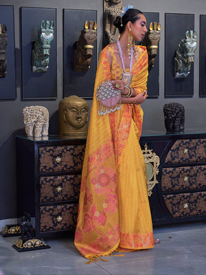 Rajwada Women Yellow Organza Woven Saree With Unstitched Blouse