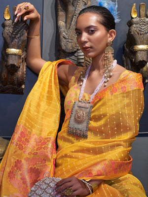 Rajwada Women Yellow Organza Woven Saree With Unstitched Blouse