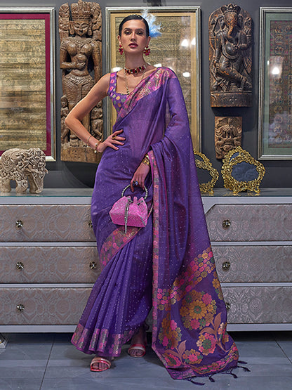 Rajwada Women Purple Organza Woven Saree With Unstitched Blouse