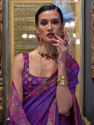 Rajwada Women Purple Organza Woven Saree With Unstitched Blouse