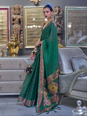 Rajwada Women Green Organza Woven Saree With Unstitched Blouse