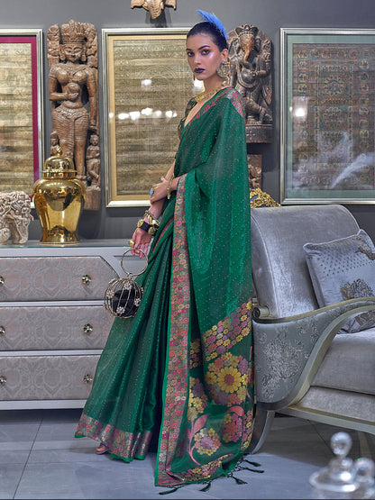Rajwada Women Green Organza Woven Saree With Unstitched Blouse