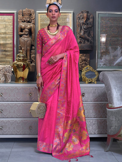 Rajwada Women Pink Organza Woven Saree With Unstitched Blouse