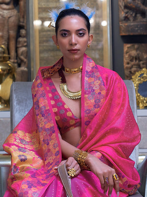 Rajwada Women Pink Organza Woven Saree With Unstitched Blouse