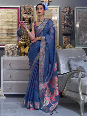 Rajwada Women Indigo Organza Woven Saree With Unstitched Blouse