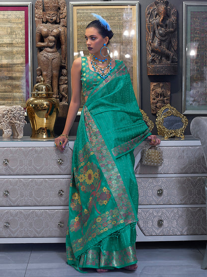 Rajwada Women Sea Green Organza Woven Saree With Unstitched Blouse