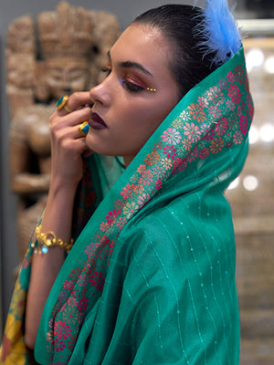 Rajwada Women Sea Green Organza Woven Saree With Unstitched Blouse