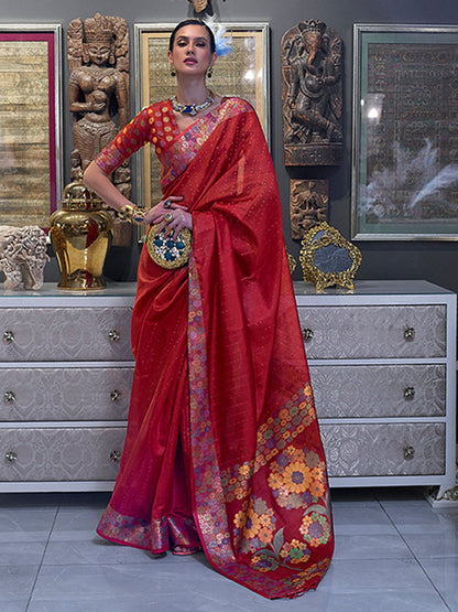 Rajwada Women Red Organza Woven Saree With Unstitched Blouse