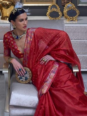 Rajwada Women Red Organza Woven Saree With Unstitched Blouse