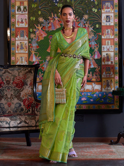 Rajwada Women Light Green Organza Woven Saree With Unstitched Blouse
