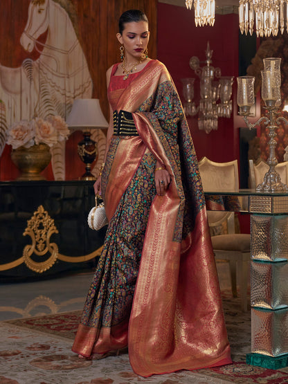 Rajwada Women Black Modal Woven Saree With Unstitched Blouse