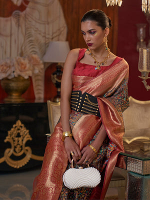 Rajwada Women Black Modal Woven Saree With Unstitched Blouse