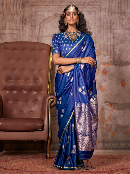 Rajwada Blue Satin Woven Saree With Unstitched Blouse For Women