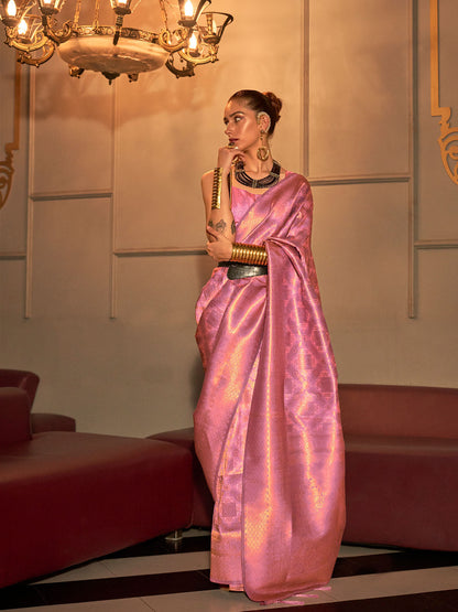 Rajwada Women Pink Festive Woven Silk Saree With Unstitched Blouse